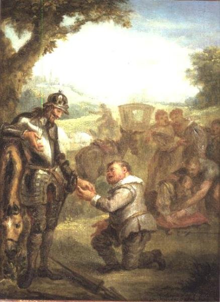 Don Quichot na het duel met de dappere Biscayaan, leunt op zijn paard Rosinante, terwijl Sancho Panchez vraagt om het gouverneurschap van het eiland Barataria, scène uit Cervantes