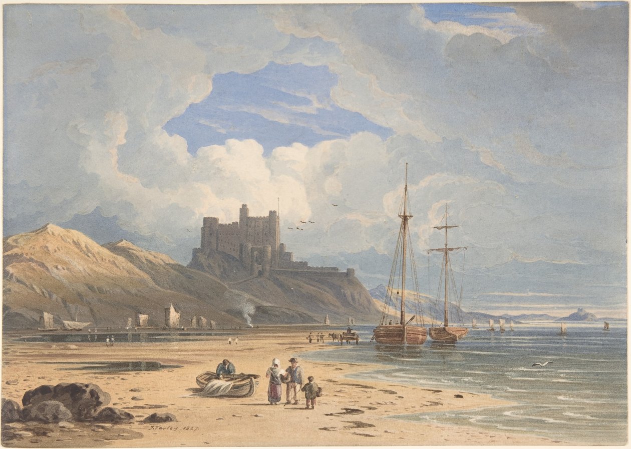 Bamborough Castle vanuit het noordoosten, met Holy Island in de verte, Northumberland door John Varley