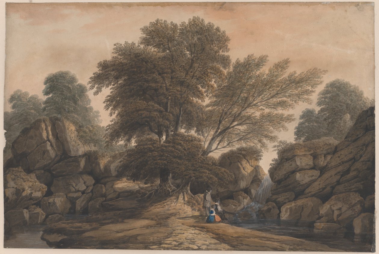 Figuren bij een waterval en een vijver in een bosrijk landschap door John Varley