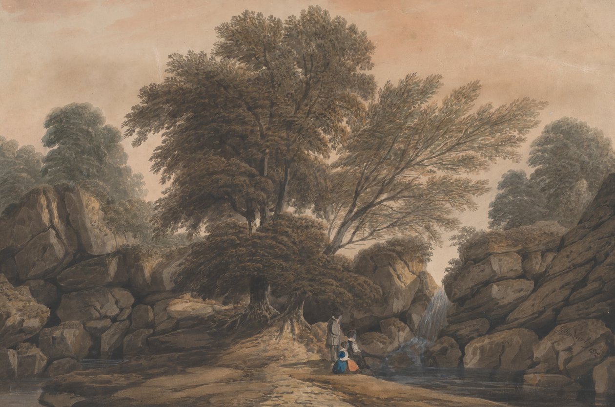 Figuren naast een waterval en poel in een bosrijk landschap, 1812 door John Varley I