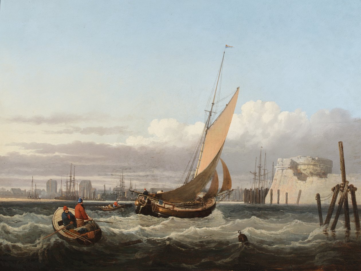 Een doklichter draait de haven van Portsmouth binnen (olieverf op paneel) door John Ward