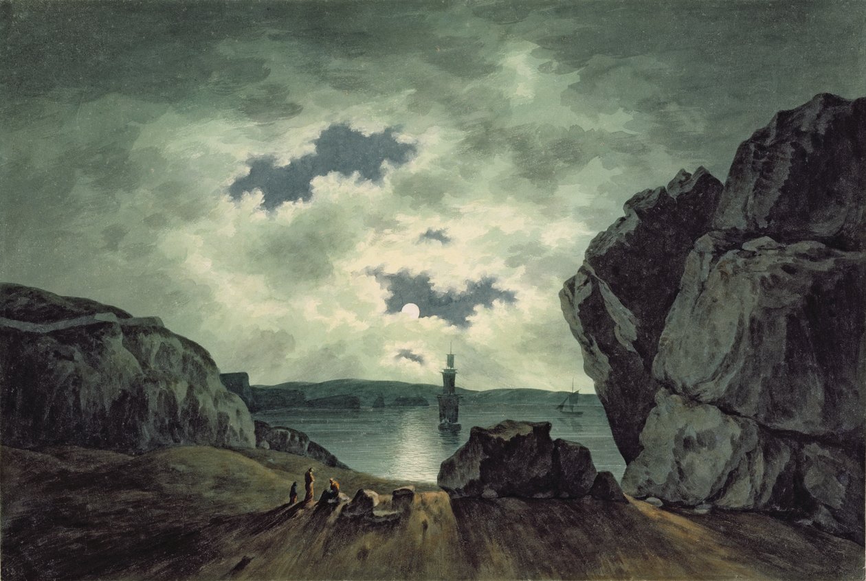 Baaiscène bij Maanlicht door John Warwick Smith