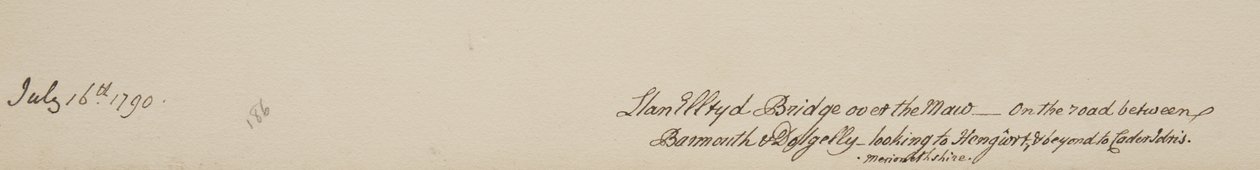 Llanelltyd Brug over de Maw, op de weg tussen Barmouth en Dolgellau, kijkend naar Hengwrt en verder naar Cader Idris, Merionethshire, 16 juli 1790 door John Warwick Smith