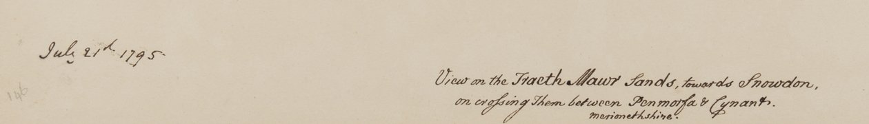 Uitzicht op de Fraeth Mawr Sands, richting Snowdon, bij het oversteken tussen Penmorsa & Cynant, Merionethshire, 21 juli 1795 door John Warwick Smith