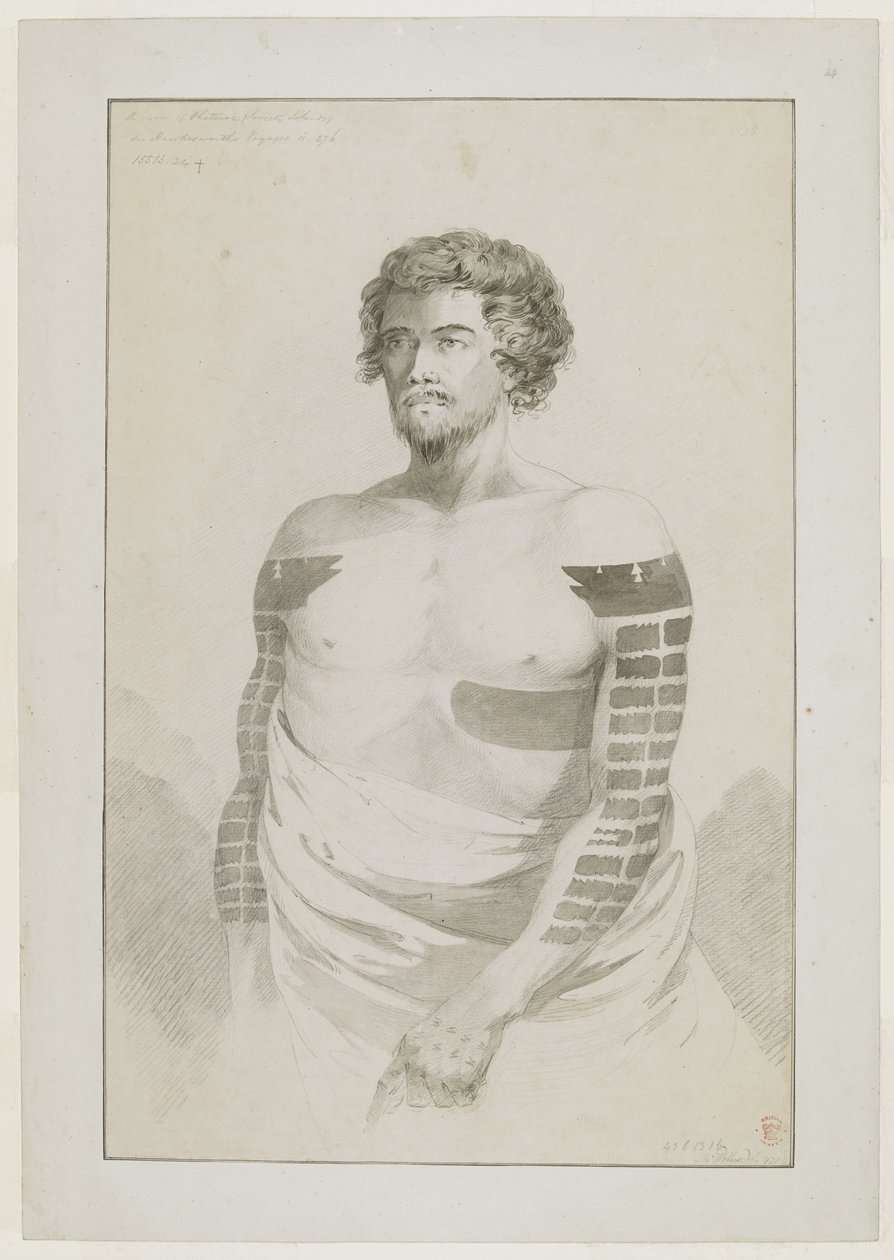 (Gehele tekening) Portret van een Hoofd van Borabora, [Puni?]; een bebaarde man met zwaar getatoeëerde armen met platte rechthoekige vlakken, en een groot vlak aan zijn linkerzijde. December 1777 door John Webber