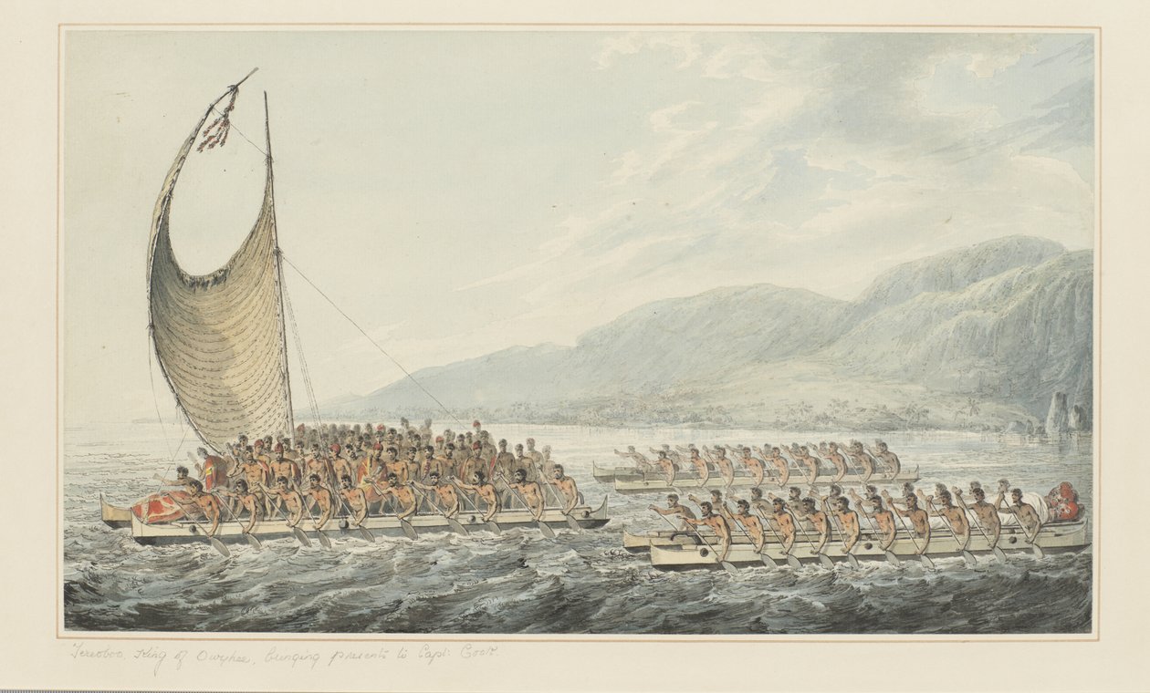 35: Tereoboo, Koning van Owyhee, brengt geschenken aan Kapitein Cook, uit een serie aquarellen die de laatste reis van Kapitein Cook illustreren, c.1773-84 (aquarel op papier) door John Webber