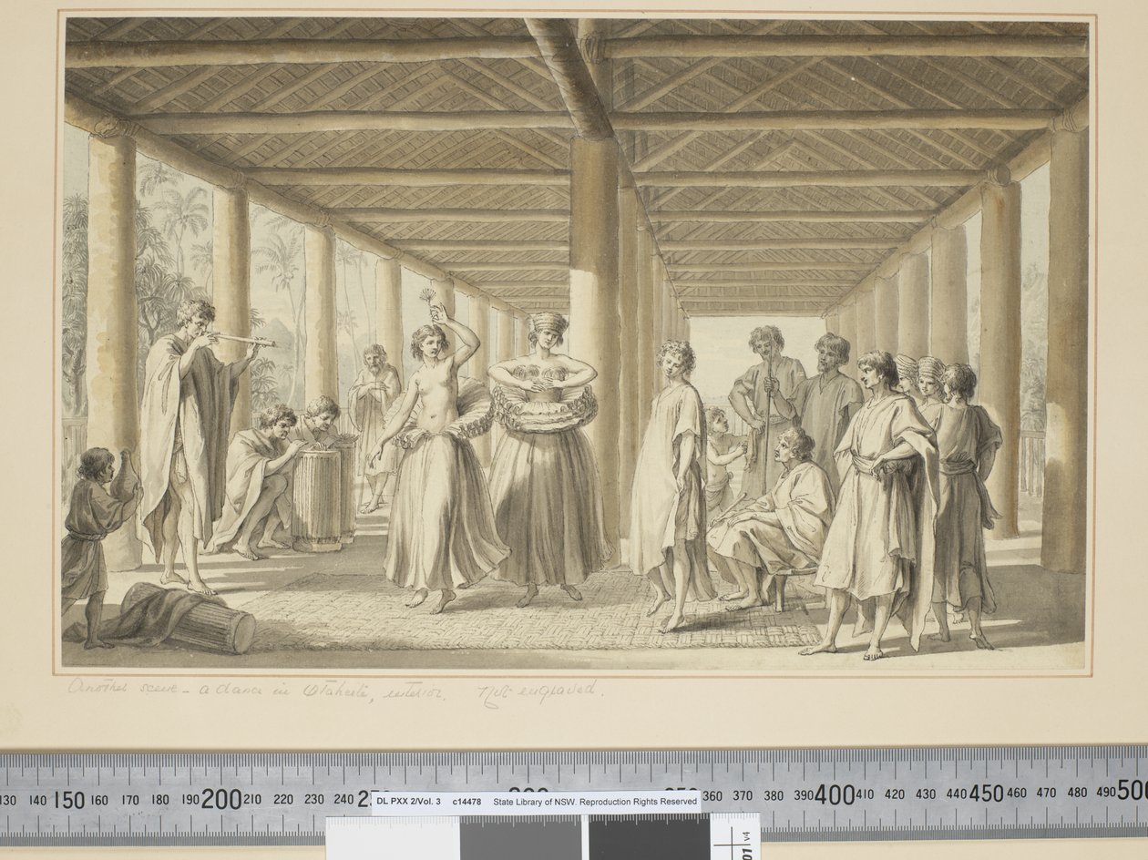 Een andere scène, een dans in Otaheite, buiten door John Webber
