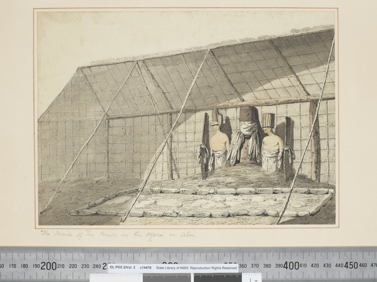 F.18 De binnenkant van het huis, in de Morai, in Atooi, ca. 1773-84 door John Webber