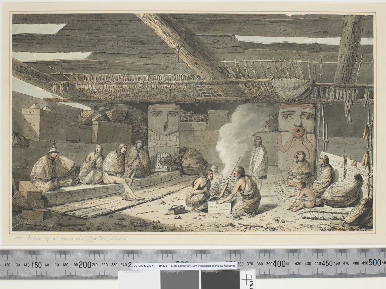 F.24 De Binnenkant van een Huis in Nootka Sound, ca. 1773-84 door John Webber