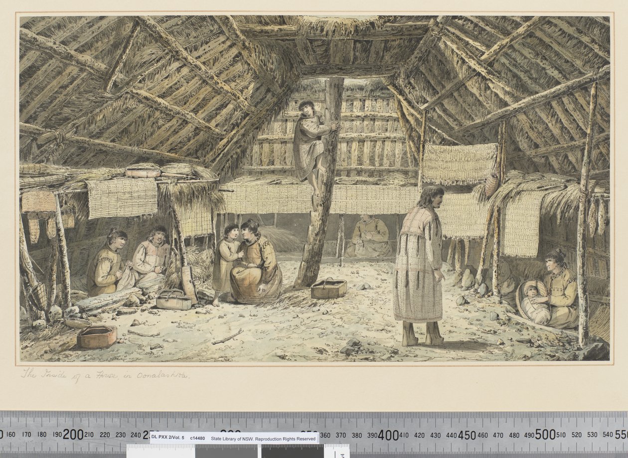 F.34 De binnenkant van een huis in Oonalashka, c.1773-84 door John Webber