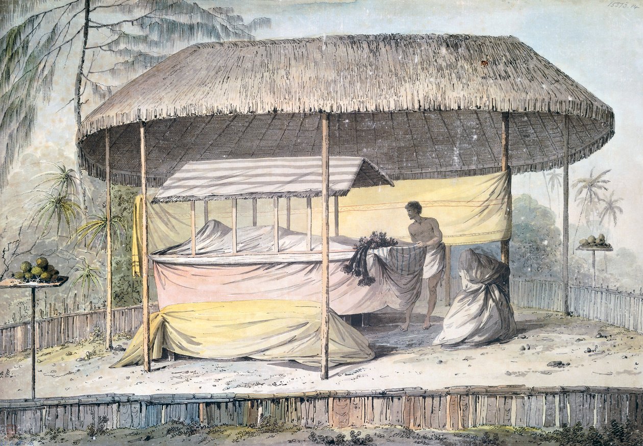 Begrafenis met overledene onder baldakijn, Tahiti, Genootschapseilanden, aquarel door John Webber uit beschrijving van de laatste reis van kapitein James Cook, Polynesië door John Webber