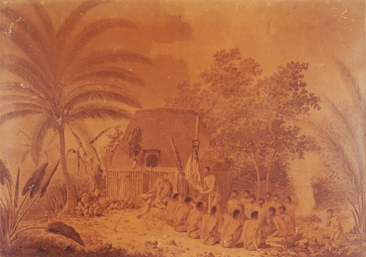 Aanbiedingen aan Kapitein James Cook, gravure door John Webber, Polynesië 18e eeuw door John Webber