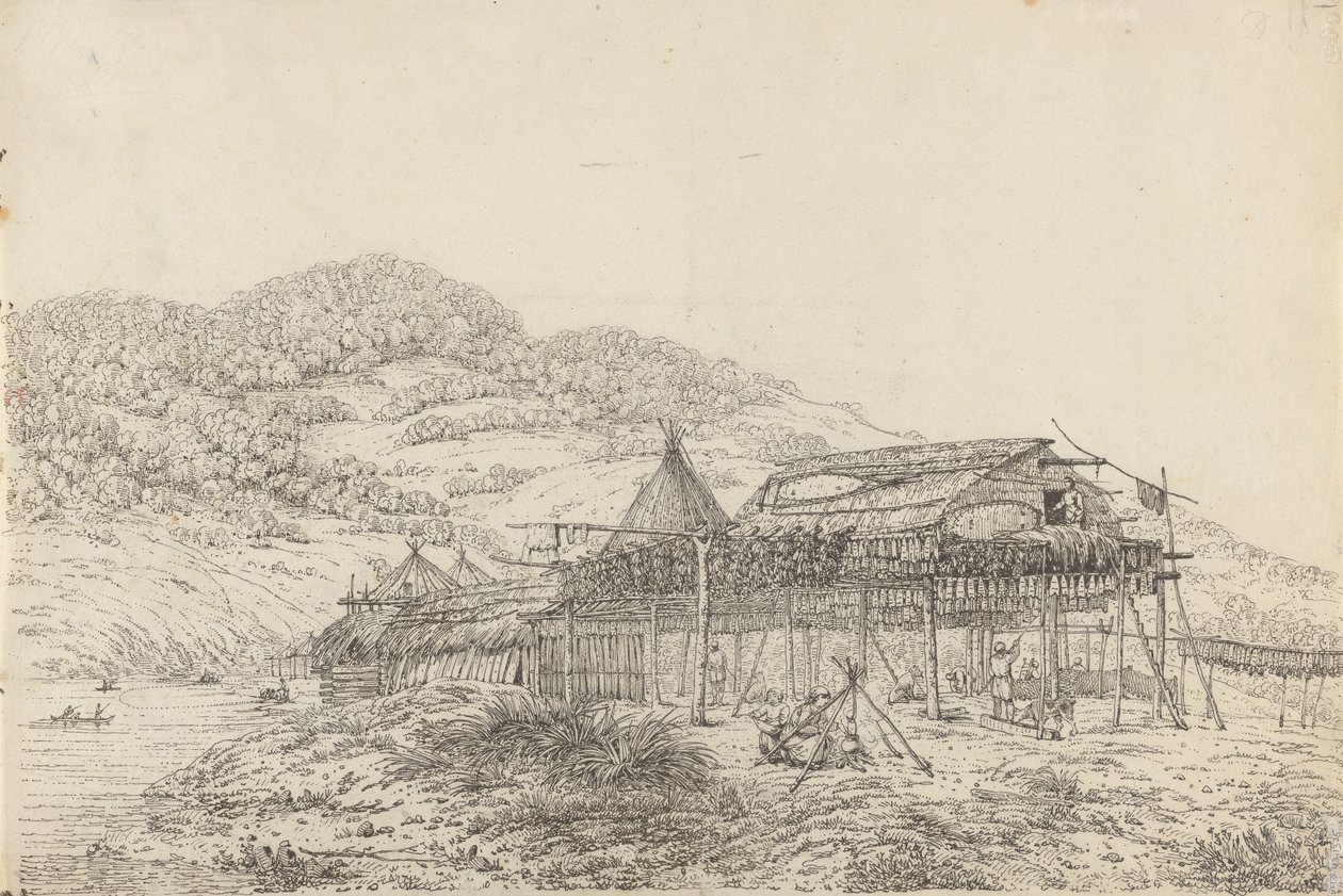 De Balagans of zomerverblijven, met de methode van vis drogen, in St. Peter en Paul, Kamtsjatka door John Webber