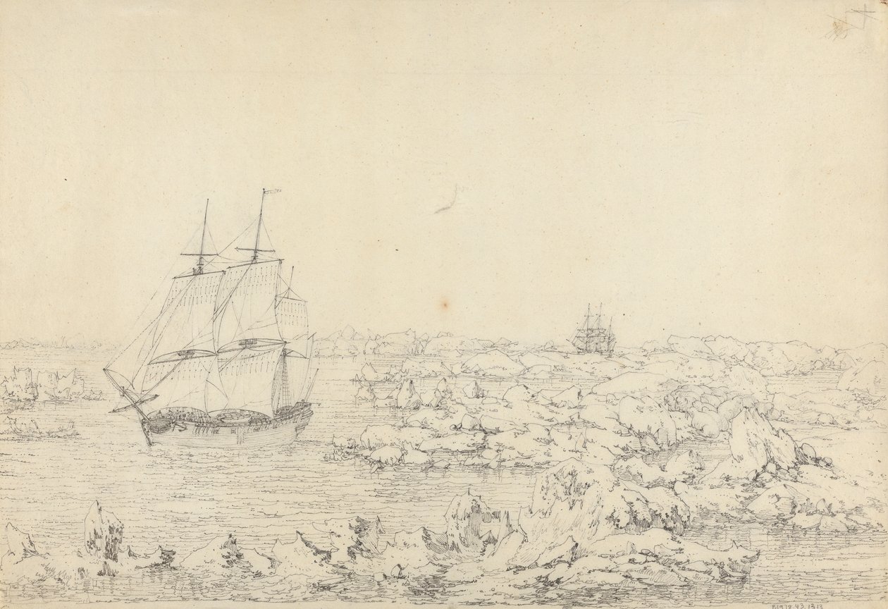 De Resolution die door het ijs slaat, met de Discovery in het grootste gevaar in de verte door John Webber