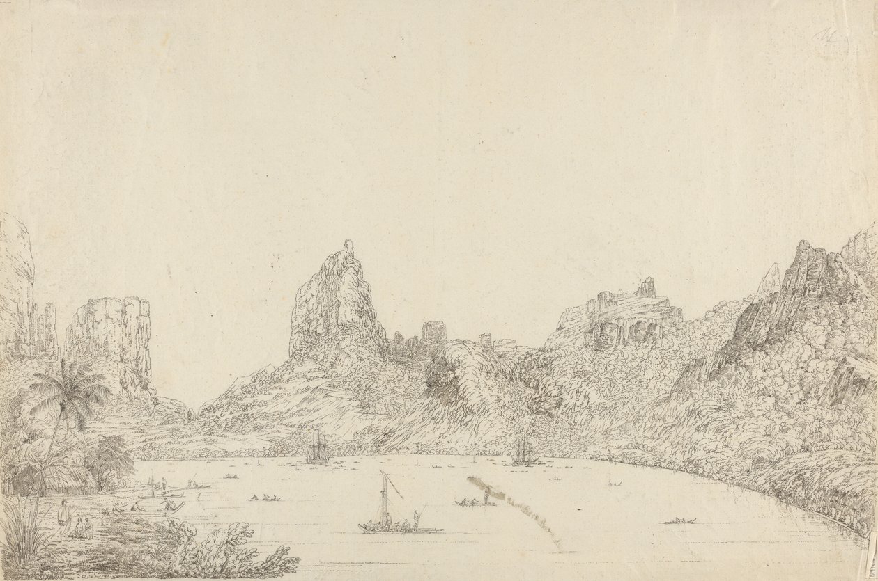 Uitzicht op de haven van Taloo op het eiland Eimeo door John Webber