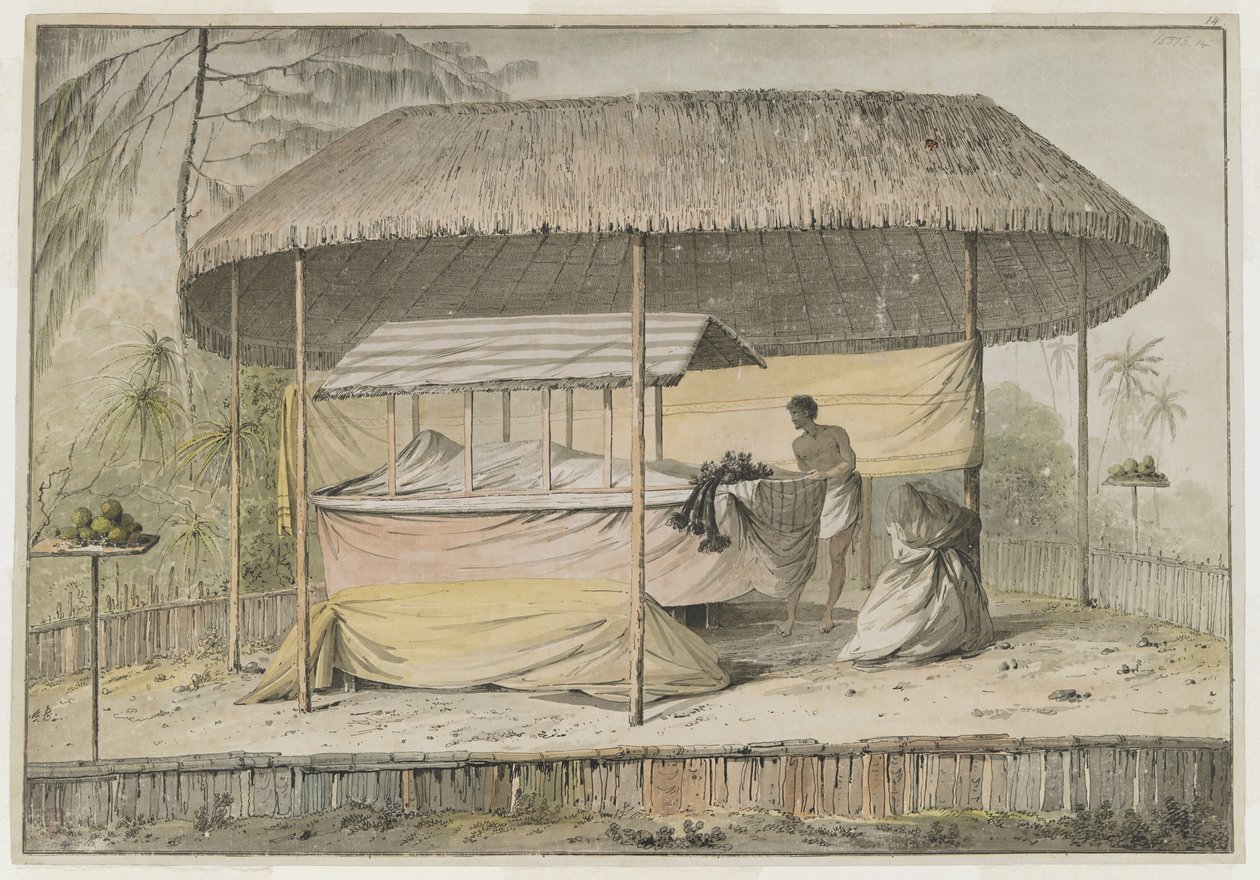 Waheiadooa, hoofd van Oheitepeha, opgebaard, vastgelegd door Kapitein Cook tijdens zijn bezoek aan Tahiti op 19 augustus 1777. Een rouwplatform ondersteunt het omhulde lijk en een bediende. Ze worden beschut door een grasdak en omgeven door een lage p... door John Webber