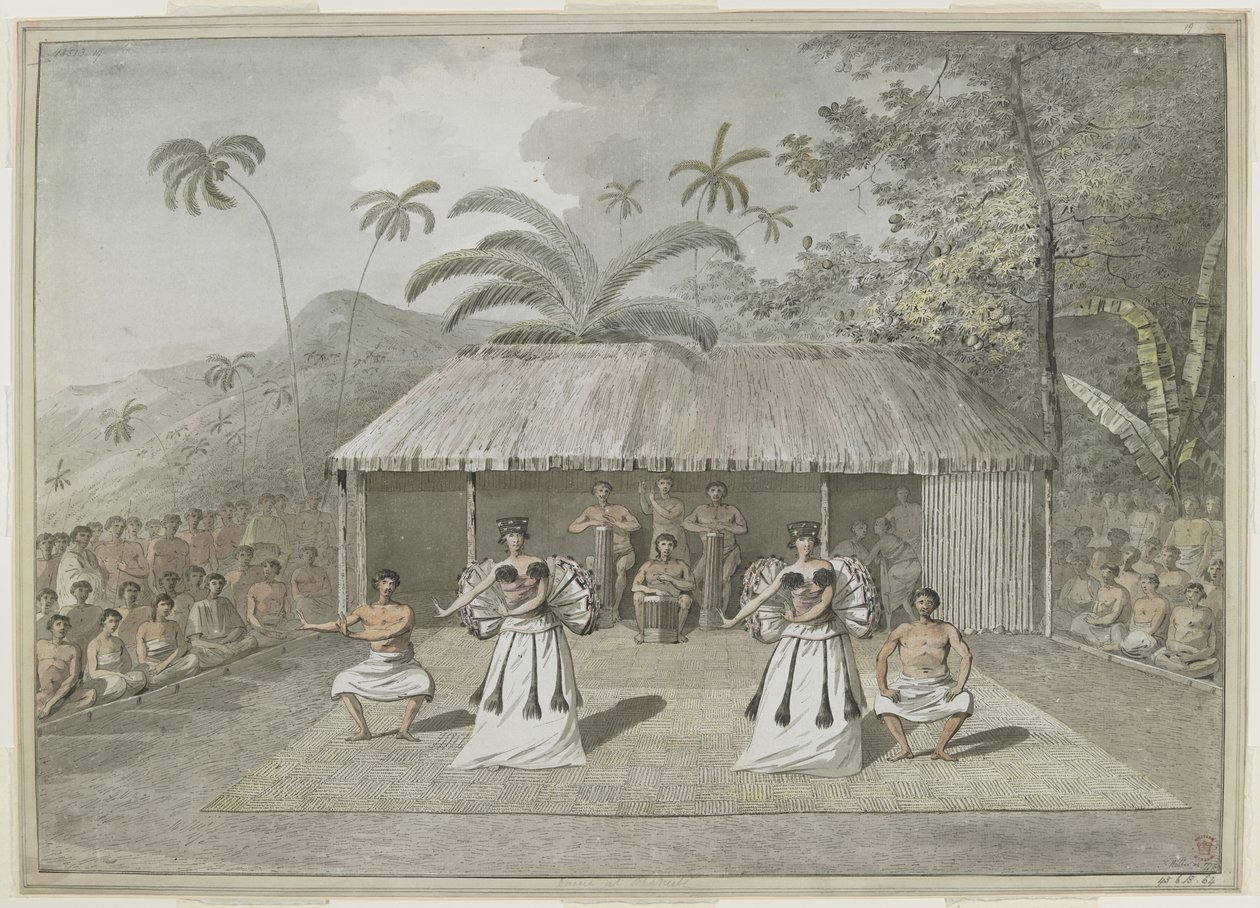 Een dans of heiva op Otaheite [Tahiti]. Twee mannen en twee vrouwen dansen, met drummers erachter en toeschouwers aan beide zijden. September 1777 door John Webber