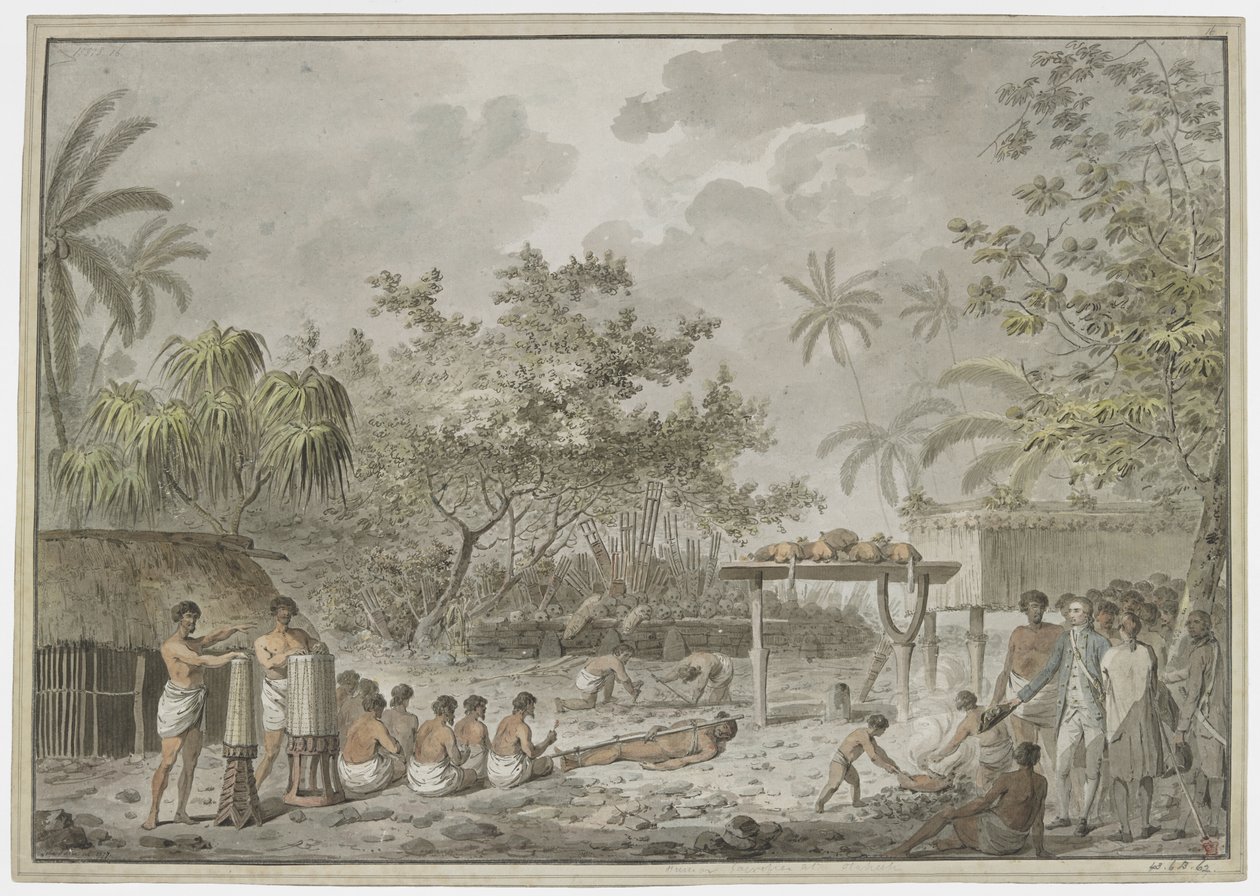 [Hele tekening] Menselijk offer bij de grote morai in Attahouroo [Utuaimahurau], Tahiti, waargenomen door Kapitein Cook op 1 september 1777. Een gebonden figuur op de voorgrond, met mannen die een gat graven voor het lichaam erachter, en de whatta met twee door John Webber