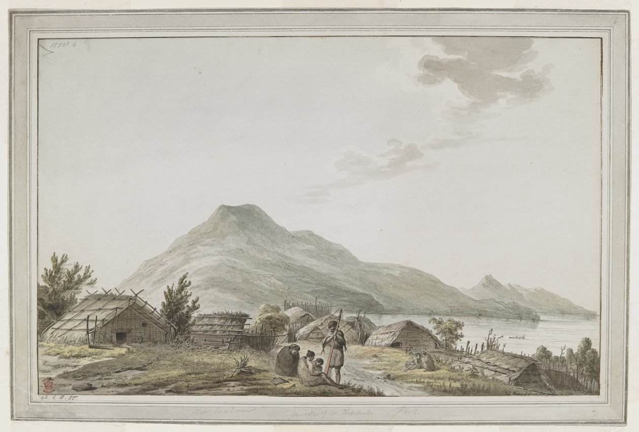 Uitzicht op de Hippah, of versterkt dorp, aan de zuidwestpunt van Motuara in Queen Charlotte Sound. Het uitzicht kijkt naar het noorden, met Motuara op de achtergrond. De tekening kan het resultaat zijn van het bezoek van Kapitein Cook op 15 februari 1777. door John Webber