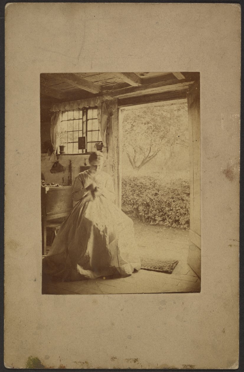 [Vrouw in lange gestreepte jurk zit in kamer]. door John Whistler