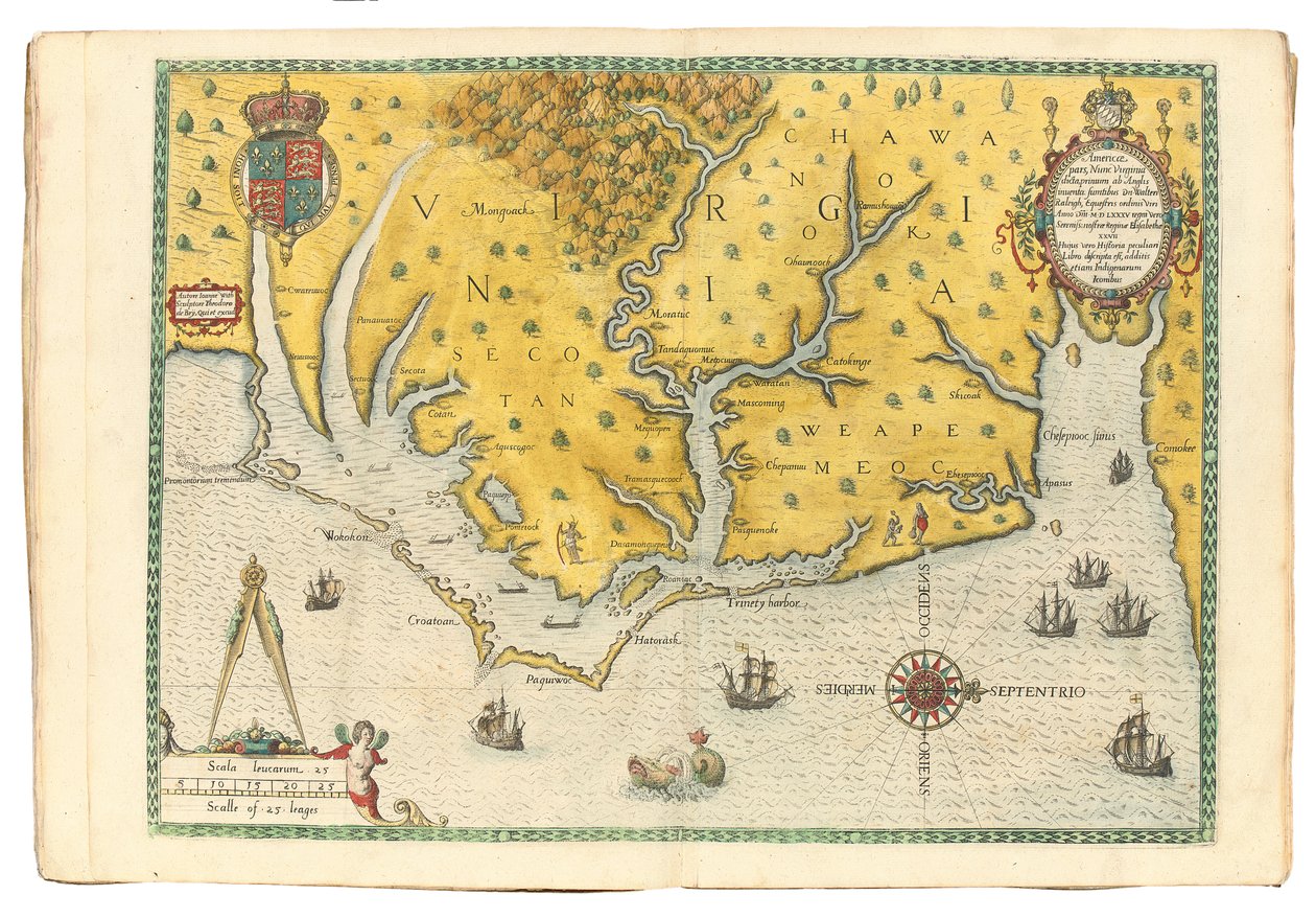Kaart van Virginia met de aankomst van de expeditie van Sir Walter Raleigh in 1585 door John White