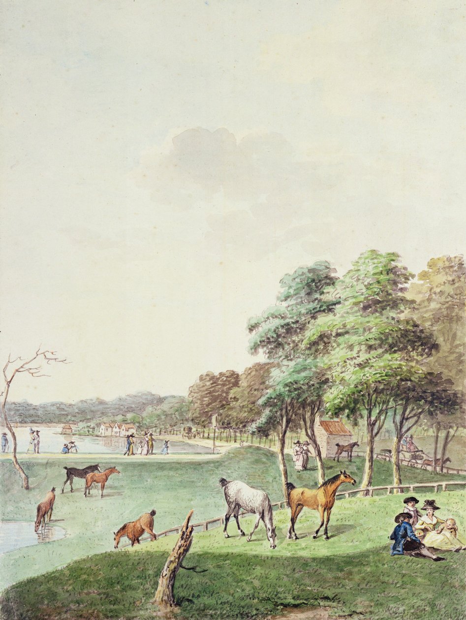 Het oostelijke uiteinde van de Serpentine en een verre blik op het badhuis, 1794 door John White Abbott