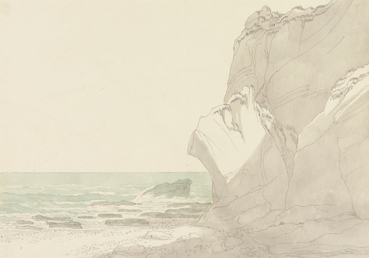 De Warren bij Exmouth, Devon: Steile kliffen rechts, zee en rotsachtige kust links door John White Abbott