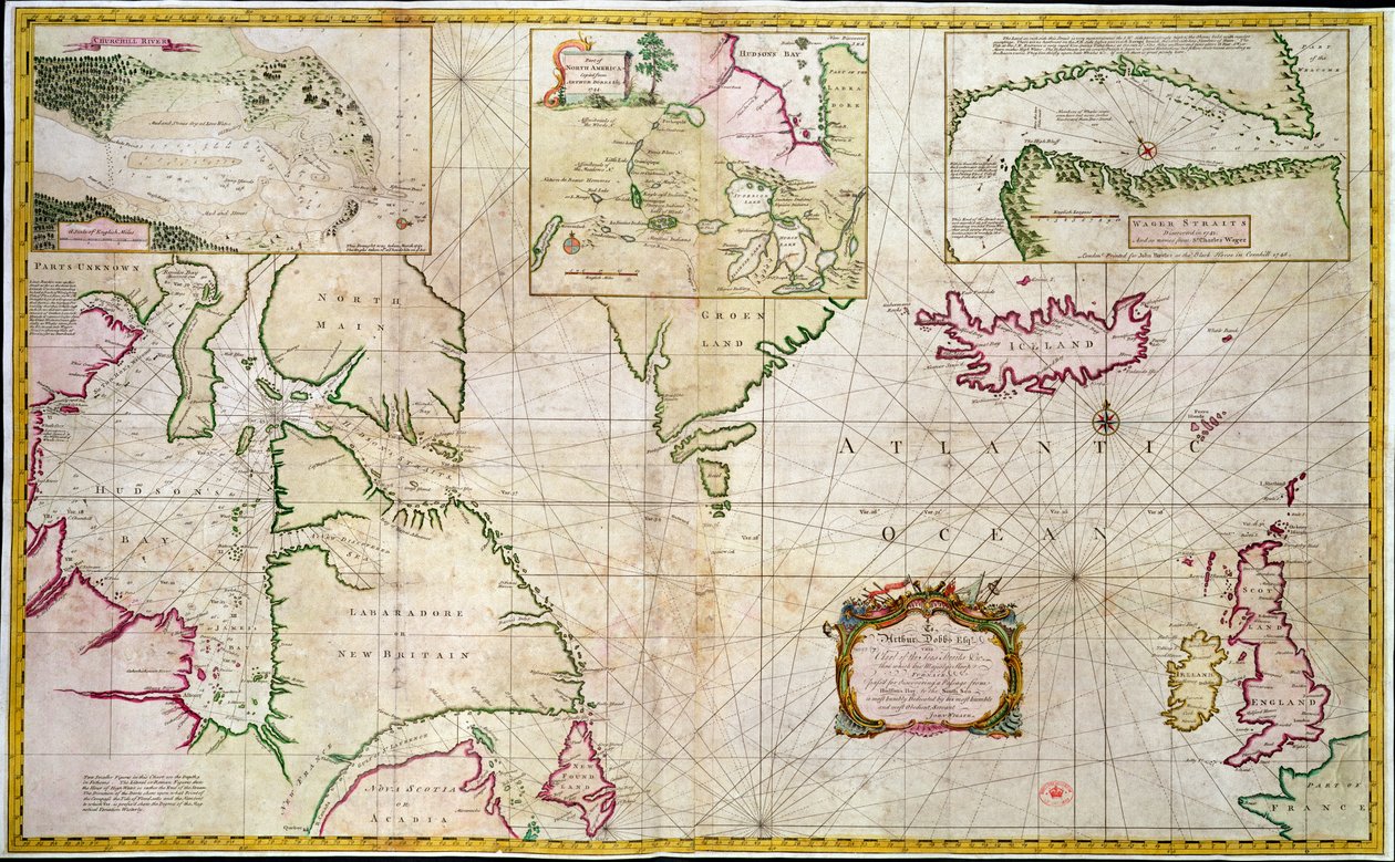 Kaart van de zeeën en zeestraten die de mogelijkheid van een Noordwestelijke Doorvaart tussen Hudson Bay en de Zuidzee tonen door John Wigate