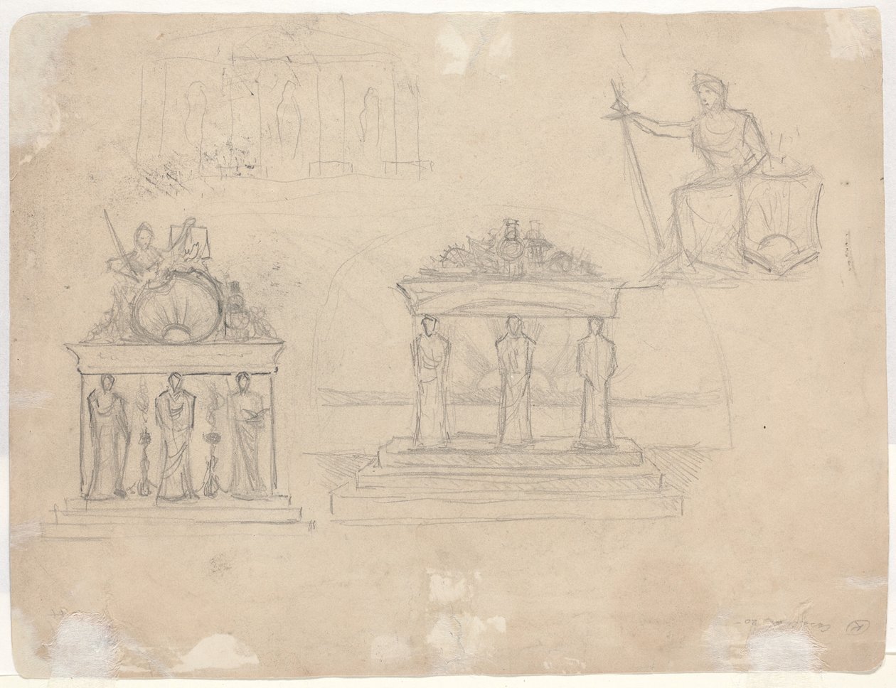 Studies van klassieke tempelgevels en zittende vrouwelijke figuur [verso] door John William Casilear
