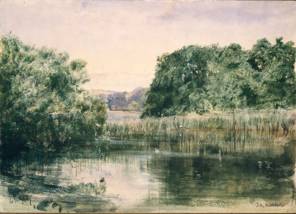Uitzicht op een meer met bomen, 1857 door John William Inchbold