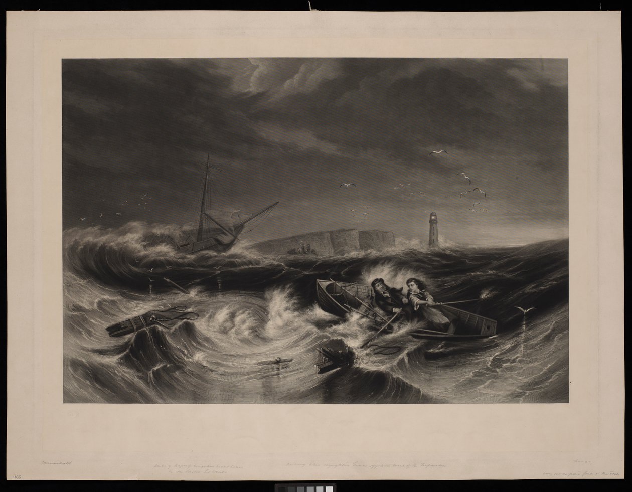 Darling en zijn dochter, Grace, op weg naar het wrak van de Forfarshire. Bewaker van de Longstone vuurtoren op de Farne-eilanden door John Wilson (after) Carmichael