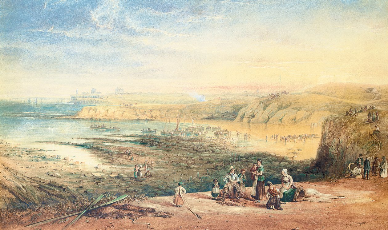 Cullercoats richting Tynemouth, Northumberland, met vissers op de voorgrond, 1836 door John Wilson Carmichael