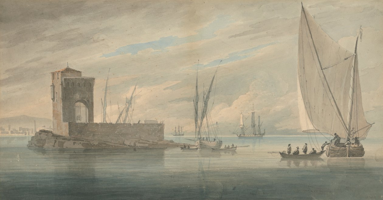 Italiaanse kustscène met eiland en schepen door John Wilson Carmichael