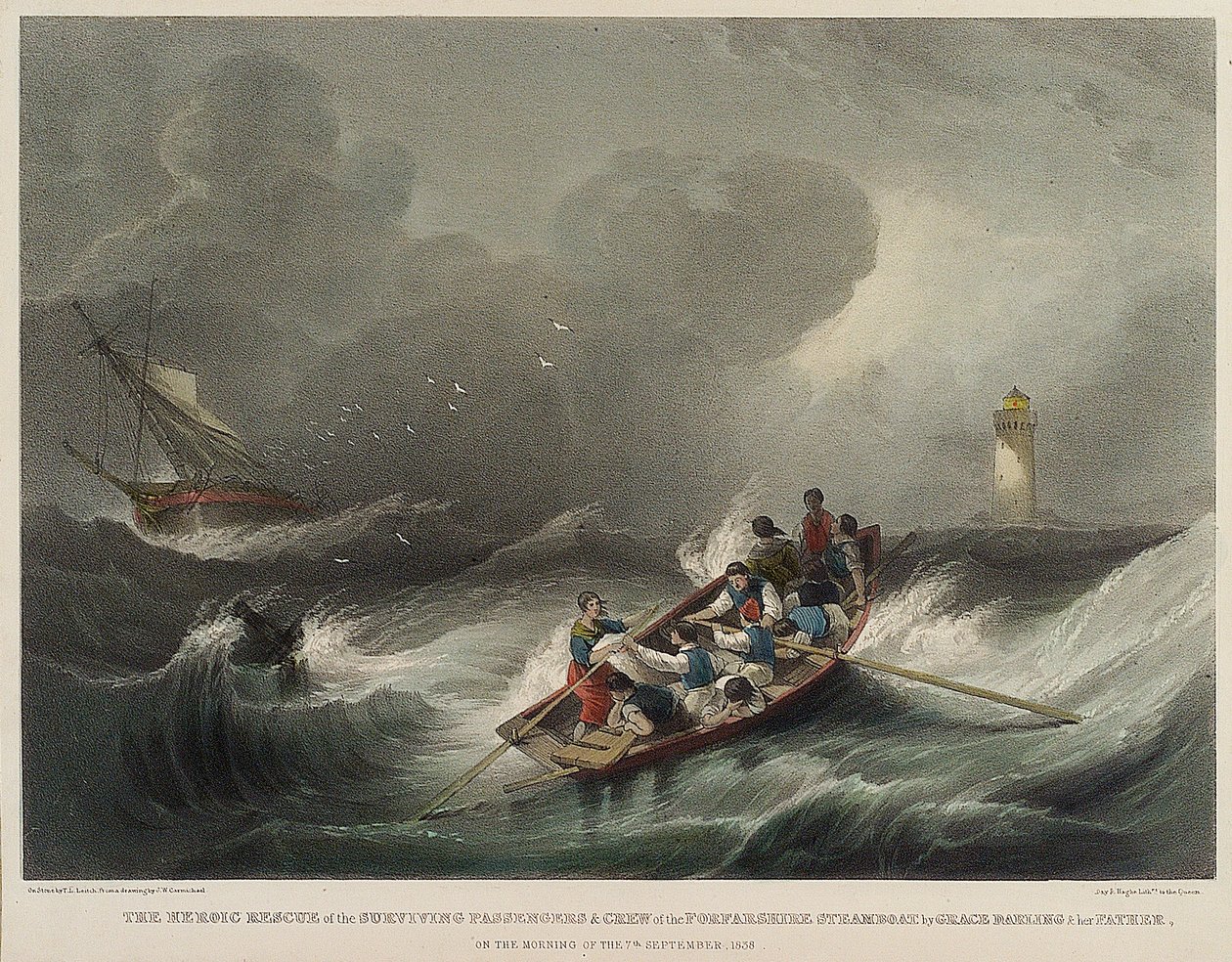 De heldhaftige redding van de passagiers en bemanning van het stoomschip Forfarshire, door Grace Darling en haar vader, op de ochtend van 7 september door John Wilson Carmichael