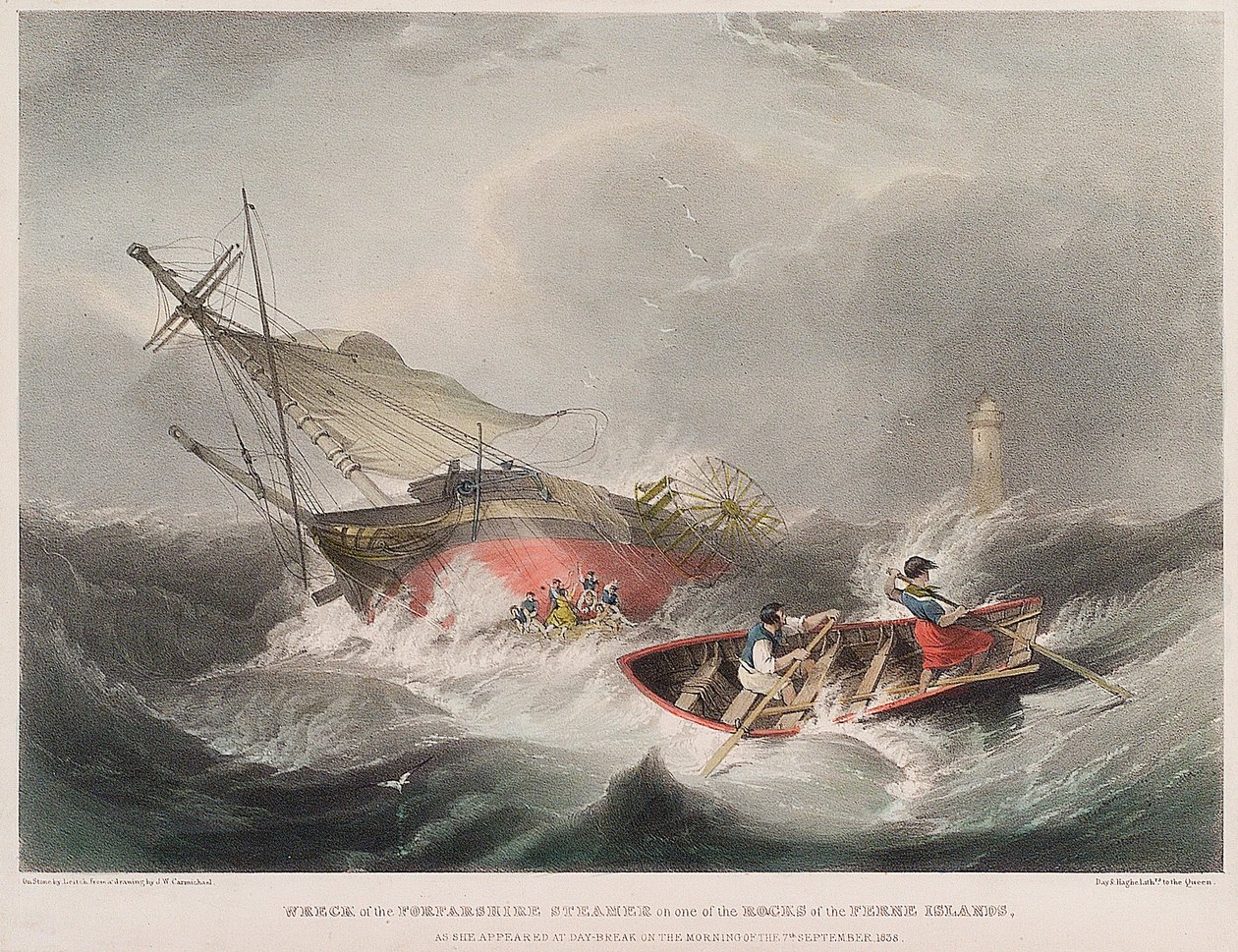 Het zinken van de Forfarshire stoomboot op de rotsen van de Farne-eilanden (Engeland), zoals het verscheen bij zonsopgang op 7 september door John Wilson Carmichael