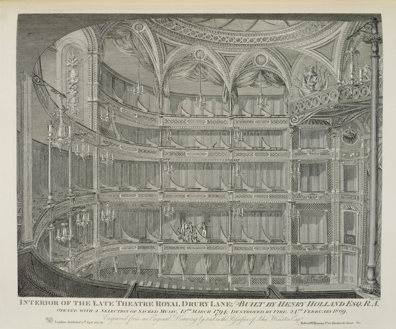 Interieur van het Late Theatre Royal, Drury Lane, in Londen, Gebouwd door Henry Holland, Verwoest door Brand, gegraveerd door Dale door John Winston