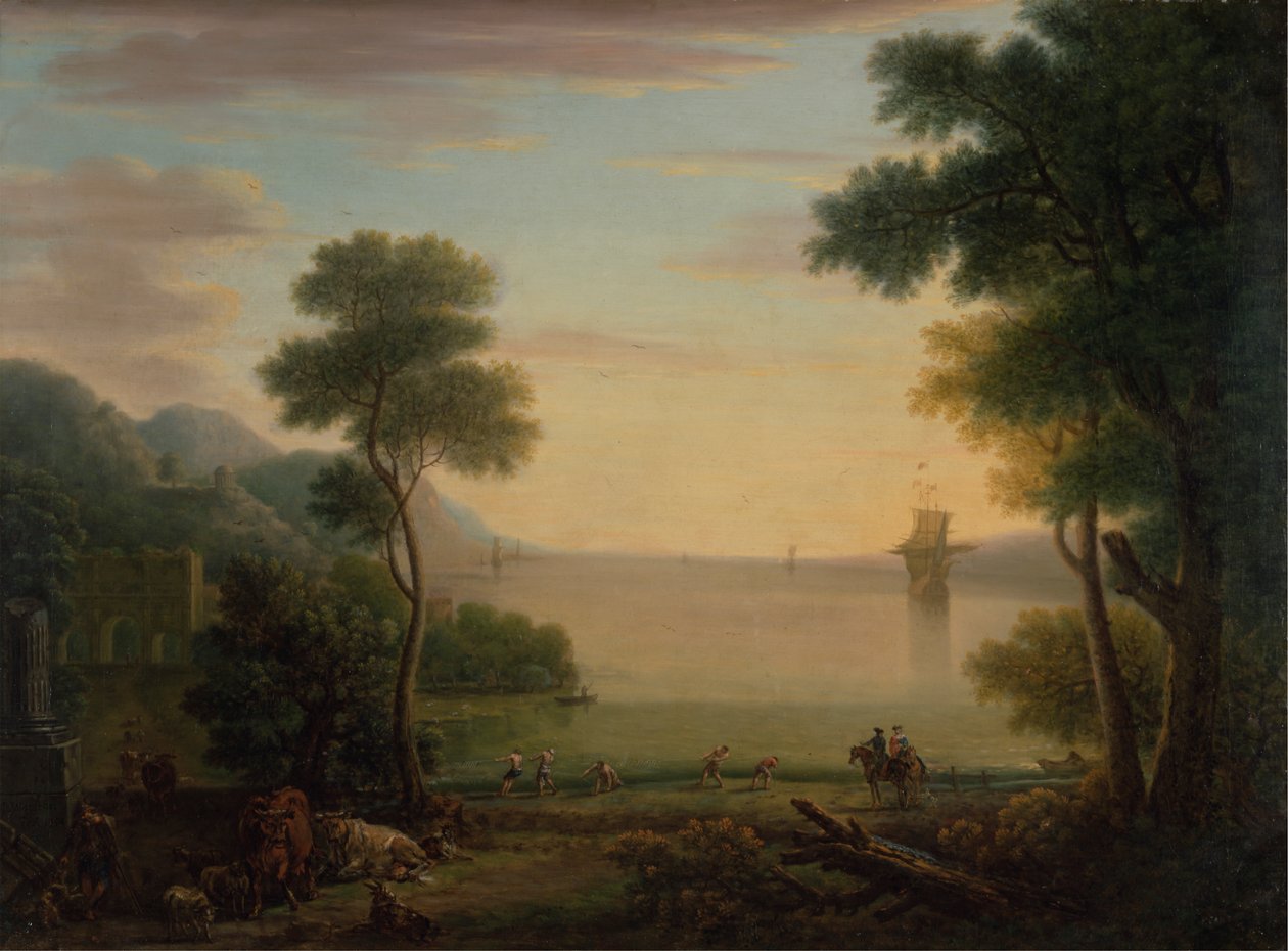 Klassiek landschap met figuren en dieren: Zonsondergang door John Wootton