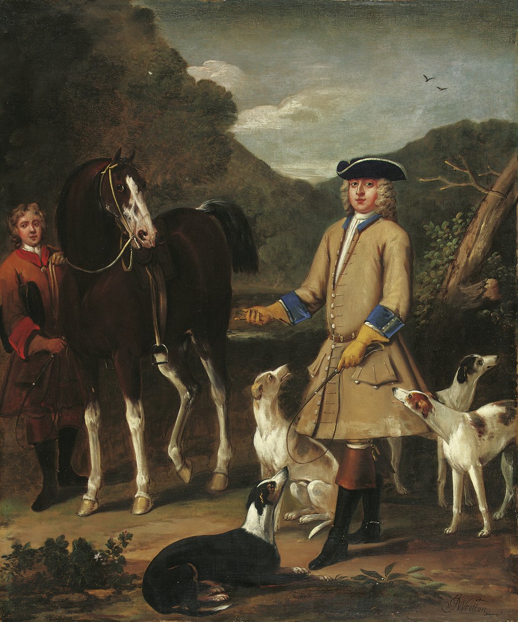 Edward, Lord Seymour, met zijn paard, knecht en honden, in een landschap door John Wootton
