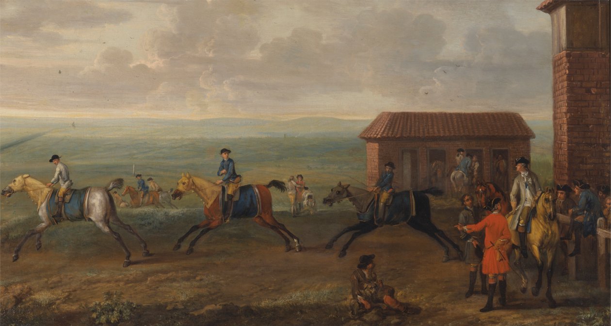 Lord Portmore kijkt naar racepaarden tijdens de training op Newmarket Heath door John Wootton