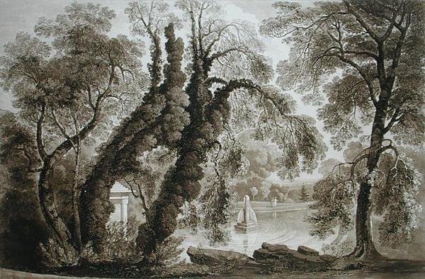 Uitzicht op de tempelfontein vanaf de andere kant, Sezincote, gegraveerd door Frederick Christian Lewis Snr. door John after Martin