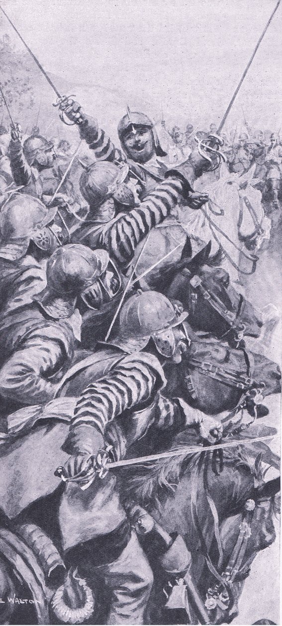 Cavaleriegevecht bij de slag om Edgehill, 23 oktober 1642, illustratie uit Britse gevechten op land en zee, 1915 door John de Walton