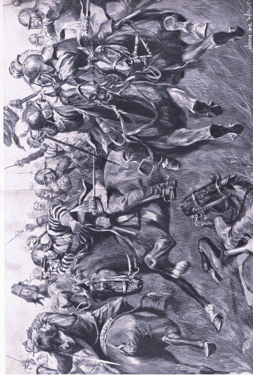 Marston Moor, 2 juli 1644: De Schotse cavalerie onder Leslie, aanvallend op de flank van Prins Rupert, illustratie uit Britse gevechten op land en zee, 1915 door John de Walton