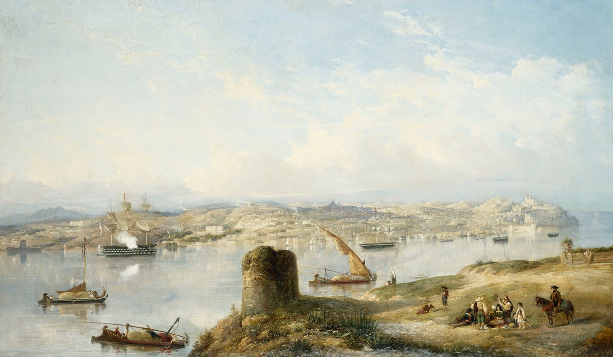 Een Uitgebreid Uitzicht op Lissabon aan de Rivier Tejo met de Praca do Terreiro do Paco, de Oude Kathedraal en het Castelo de S. Jorge door John or Giovanni Schranz