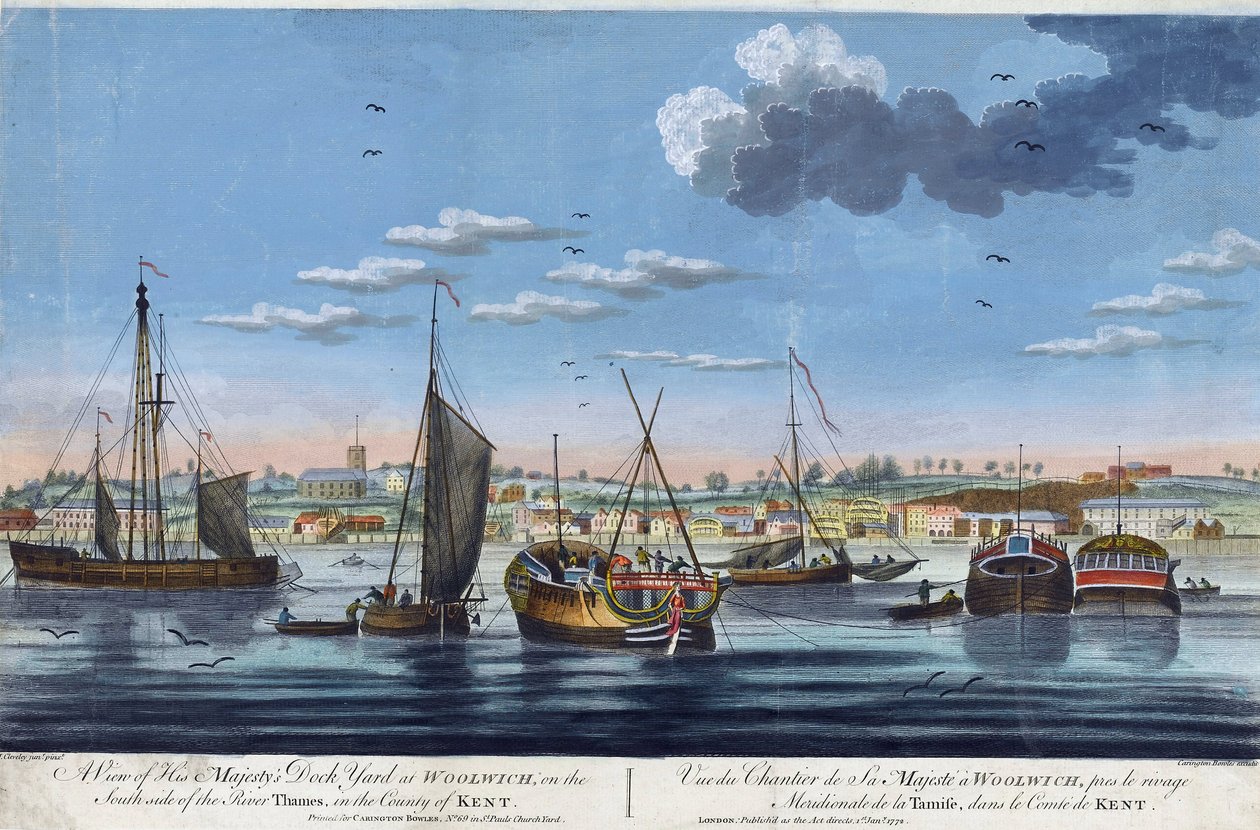 Uitzicht op de koninklijke dokken in Woolwich, op de linkeroever van de Theems (Engeland), in County Kent. Kleurgravure door John Clevely de Jongere (1747-1786) door John the Younger Cleveley