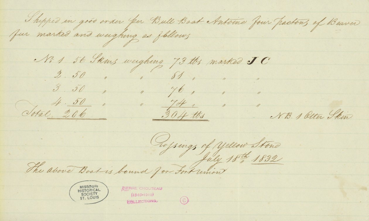 Notitie van Johnson Gardner, Oversteek van Yellow Stone, 18 juli 1832 door Johnson Gardner