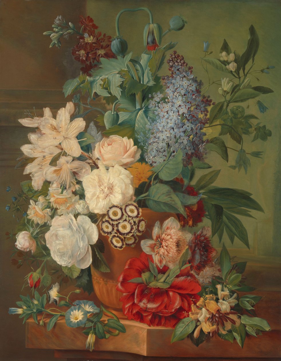 Bloemen in een terracotta vaas door Jonas Albertus Brandt