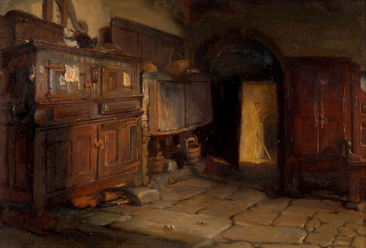 Een Bretonse cottage interieur, 1887 door Jonathon Pratt