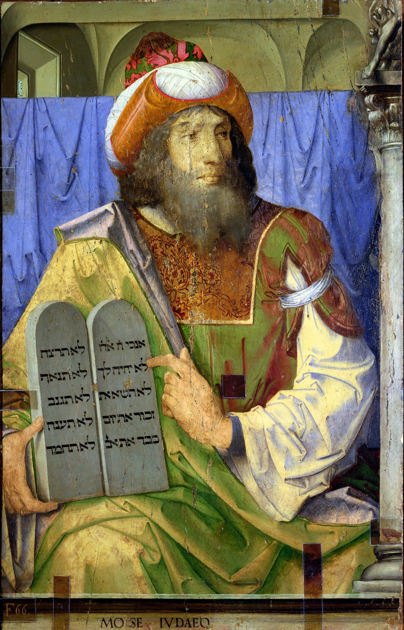Mozes met de Tien Geboden, uit een serie portretten van beroemde mannen (paneel) (detail) door Joos van Gent