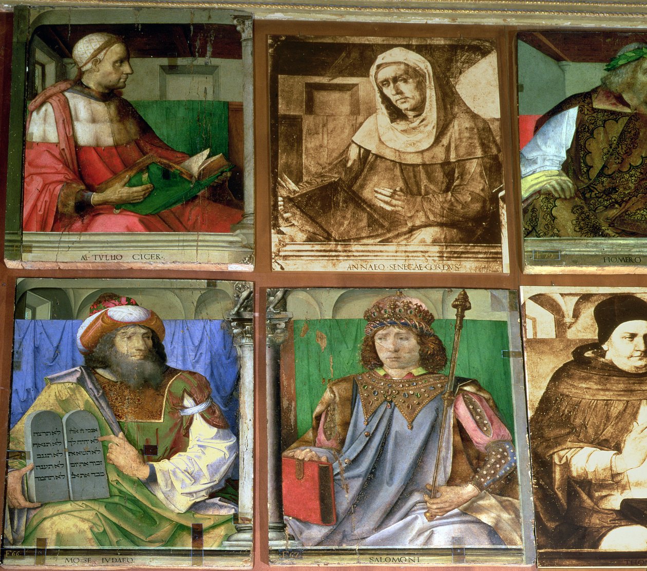 De Studie van Federigo da Montefeltro, Hertog van Urbino, met de klok mee vanaf TL: Cicero, Romeinse redenaar; Seneca, Romeinse Stoïcijnse filosoof; Homerus, Griekse epische dichter; St door Joos van Gent