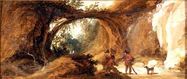 Een rotsachtig landschap met sporters op een pad door Joos de (follower of) Momper